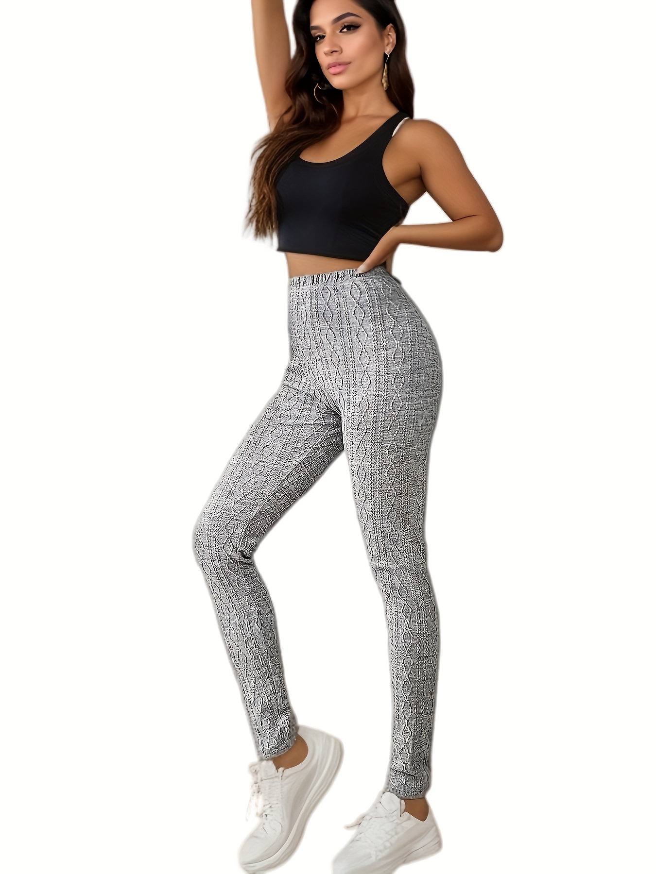 Textured Solid Leggings Casual High Waist Workout Long - Temu