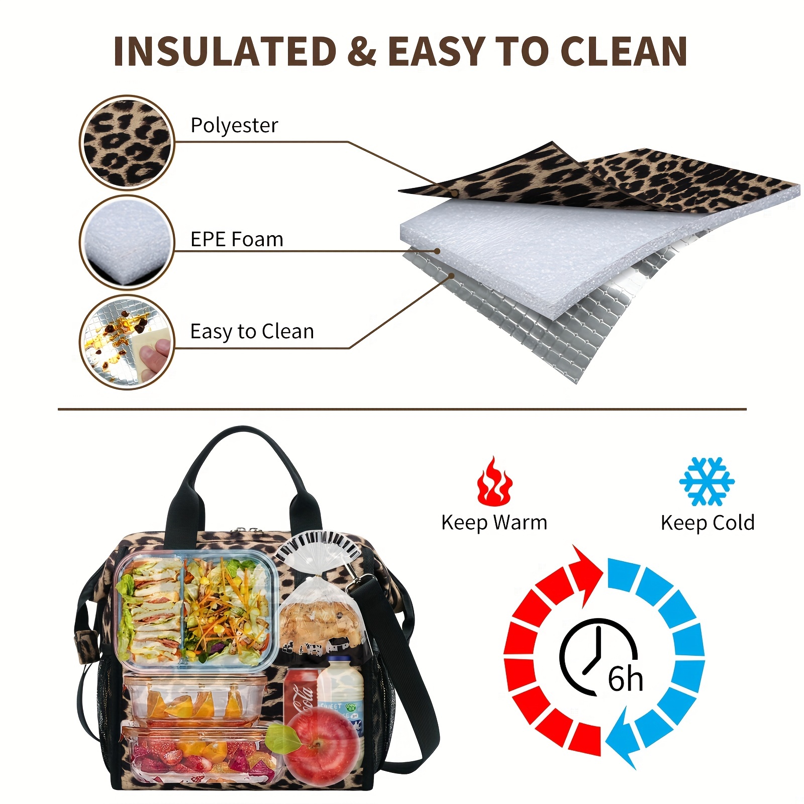 Leopard Cheetah Print Animal Skin Lunch Bag, Reusable Lunch Box for Women  Men, Insulated Cooler Bag Lunch Tote Bag with Shoulder Strap for School