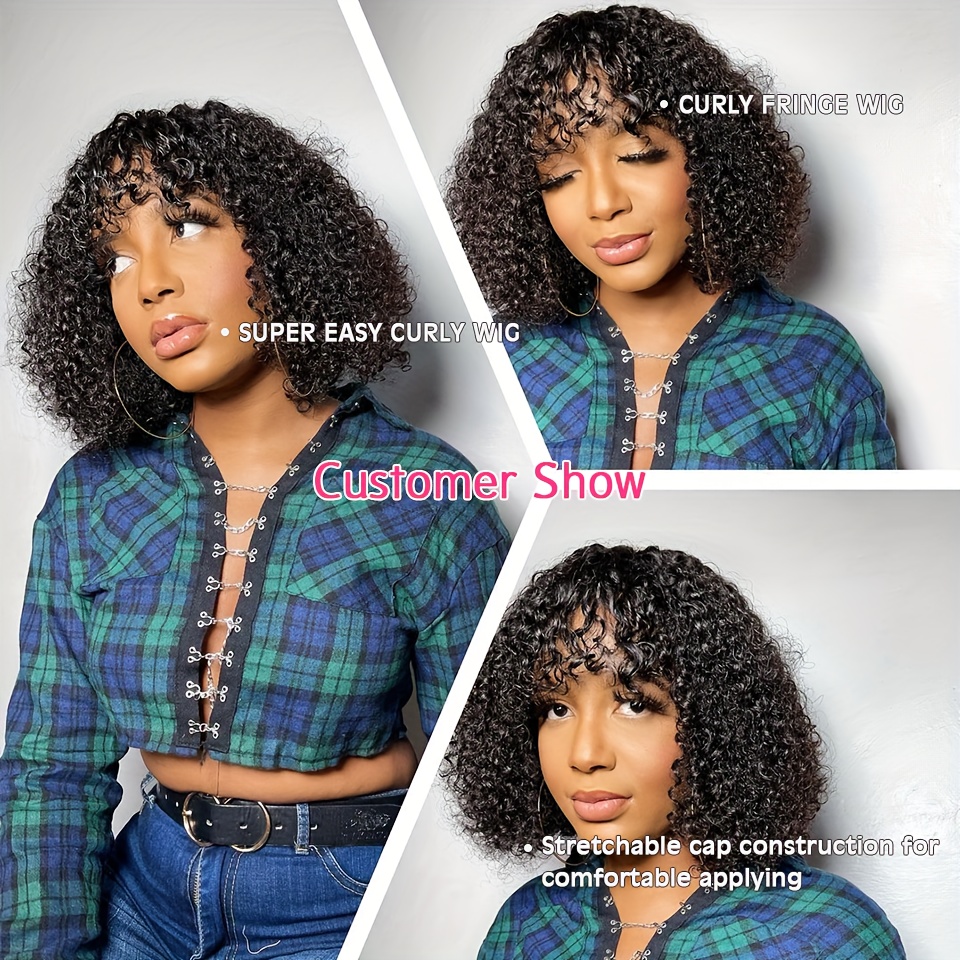 Machine Made Glueless Wigs Deep Curly Fringe Bob