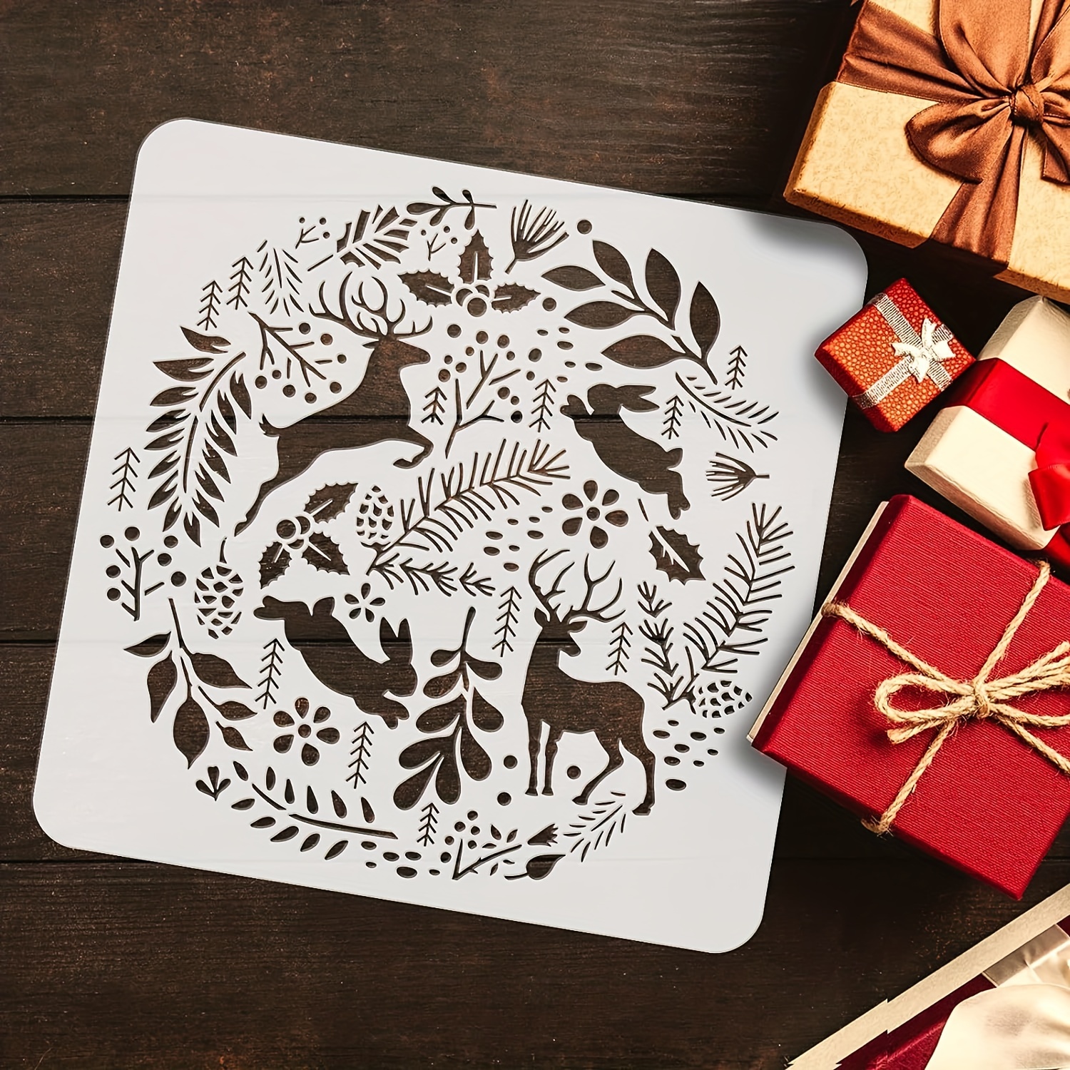 TEMU 1pc Christmas Forest Painting Stencil 11.8x11.8inch Reusable Deer Rabbit Stencil For Painting Large Round Christmas Forest Plants Flowers Leaves