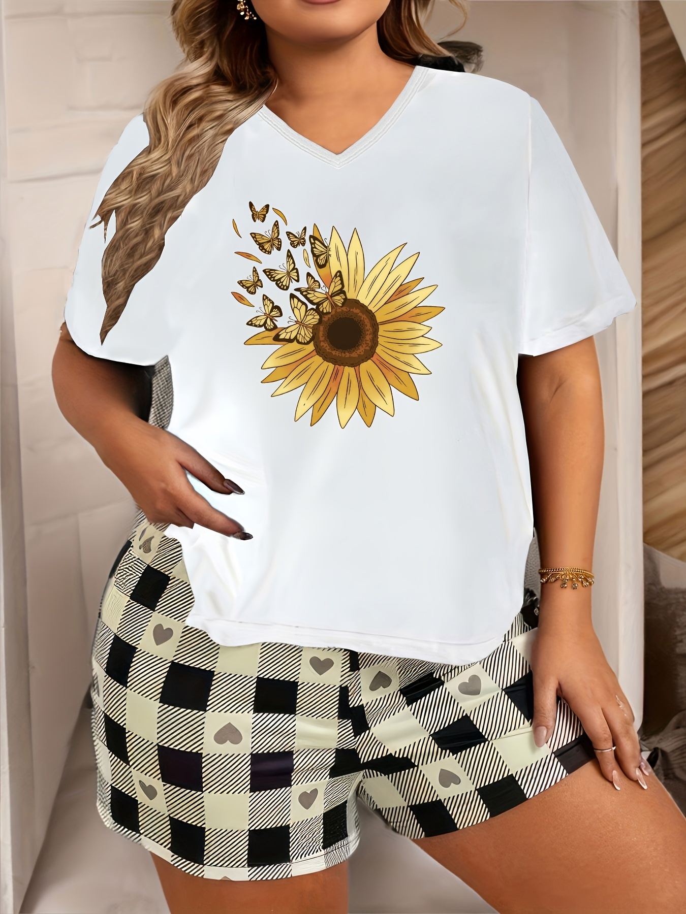 Butterfly Sunflower Print V Neck Pajama Top