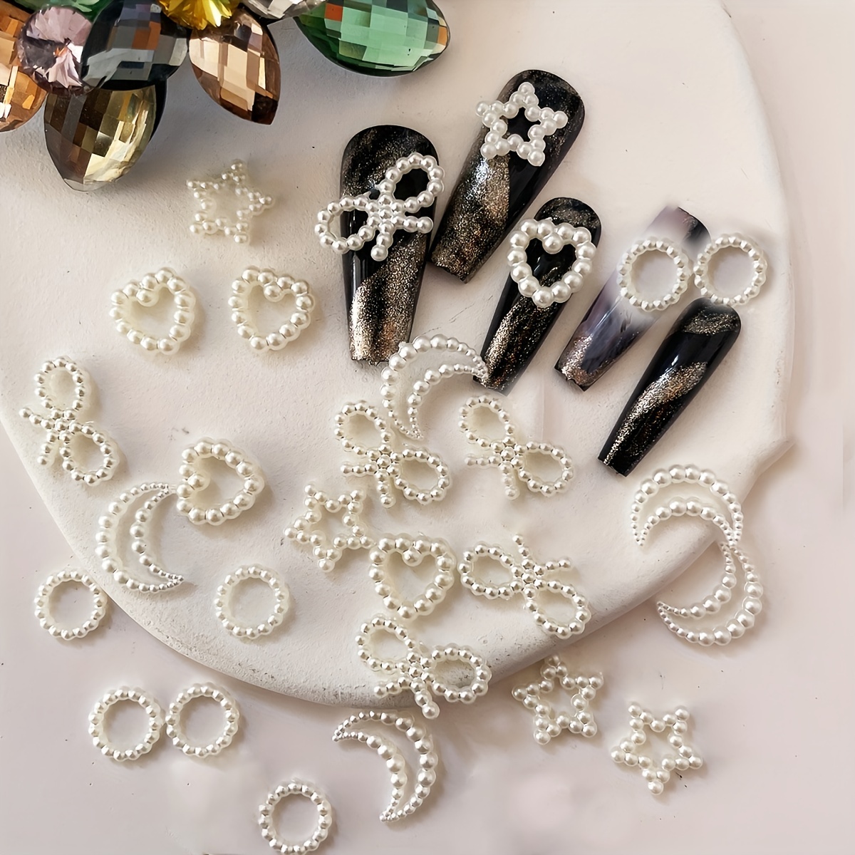 30Pcs Nail Art Crystal Pearl Charms Mix Shapes Zircon Dangle Rhinestones  Nail Jewelry 3D Dangle Nail Charms Crystal Metal Nail Gems Nail Flowers