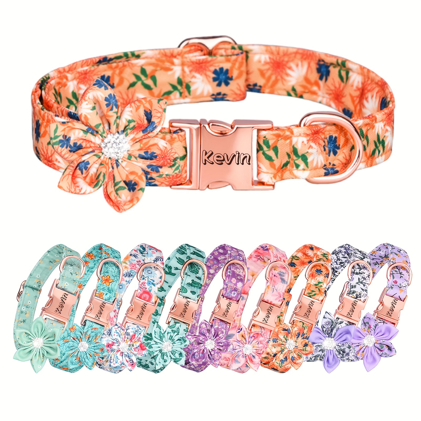 

Custom Rhinestone Flower Dog Collar, Printed Polyester Pet Collar, Adjustable Engraved Anti-lost Pet Collar For Large, Medium And Small Dogs