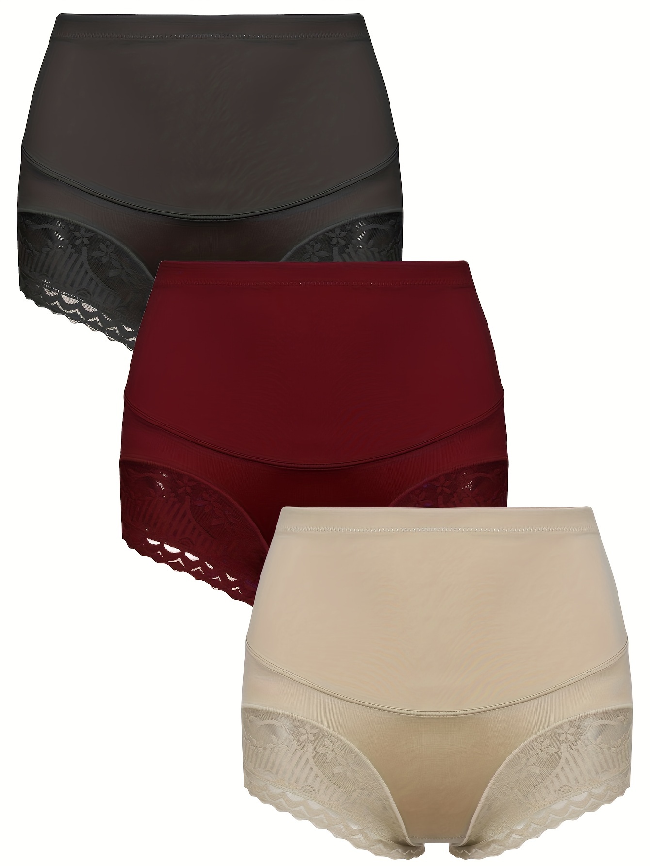 3 Pack Plus Size Elegant Panties Set, Women's Plus Contrast Lace Tummy  Control High Waisted Solid Underwear 3pcs Set