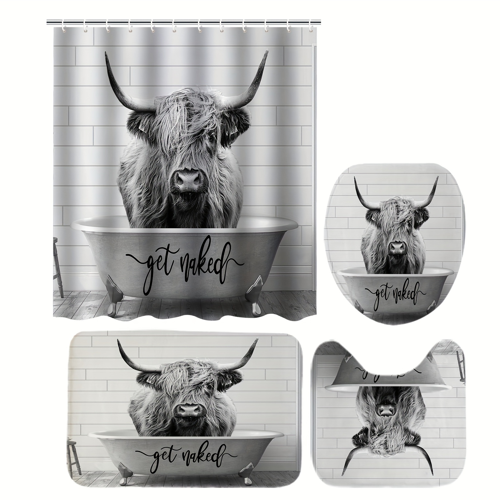 Home Bathroom Decor Set Cool Grey Background Highland Cow Pattern Toilet  Seat Cover Bath Mat Set+ Waterproof Shower Curtain