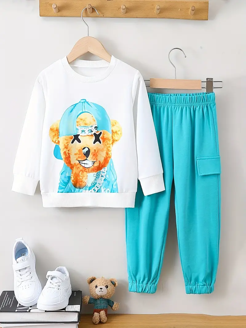 boys street style cartoon bear pattern 2pcs sweatshirt sweatpants set color clash casual outfits kids clothes for spring fall details 4