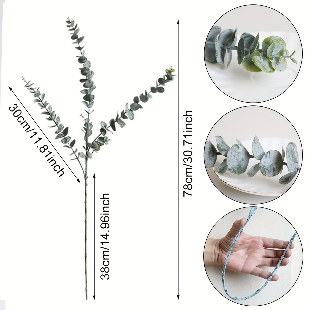 Tinsow 5 Pcs Real Touch Leaf Artificial Eucalyptus Stem Faux Green