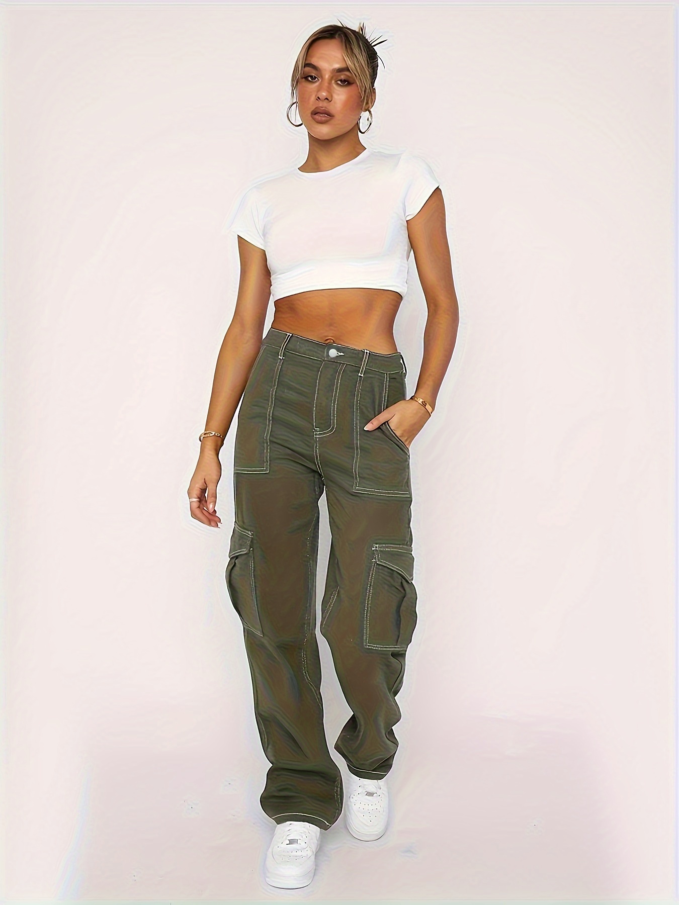 Vintage Army Green Loose Cargo Pants Womens With Pockets For Women  Streetwear Straight High Waist Cargo Jeans From Xue03, $26.78