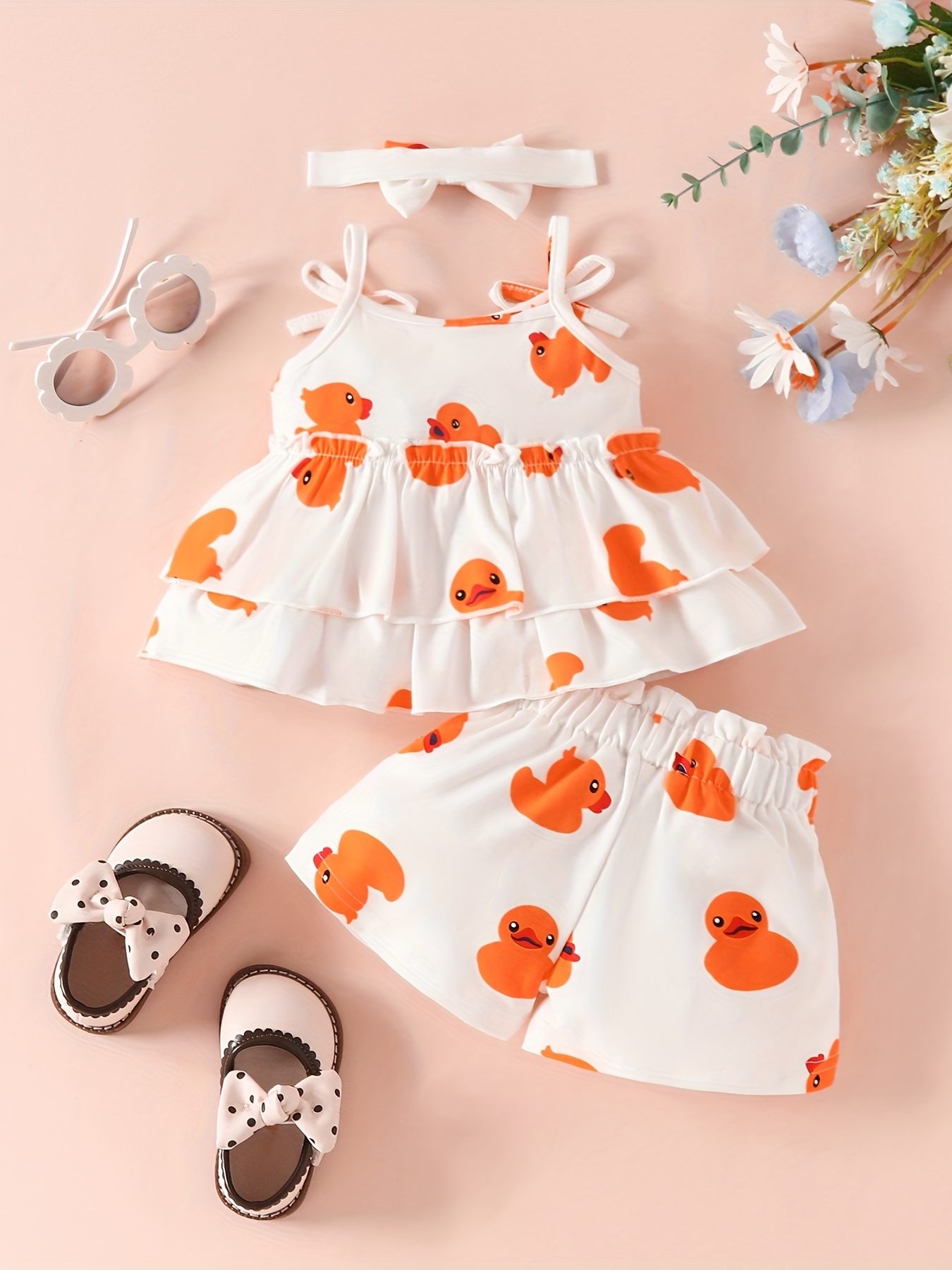 Baby Girls Cute Duck Pattern Camisole Top Shorts Headband - Temu