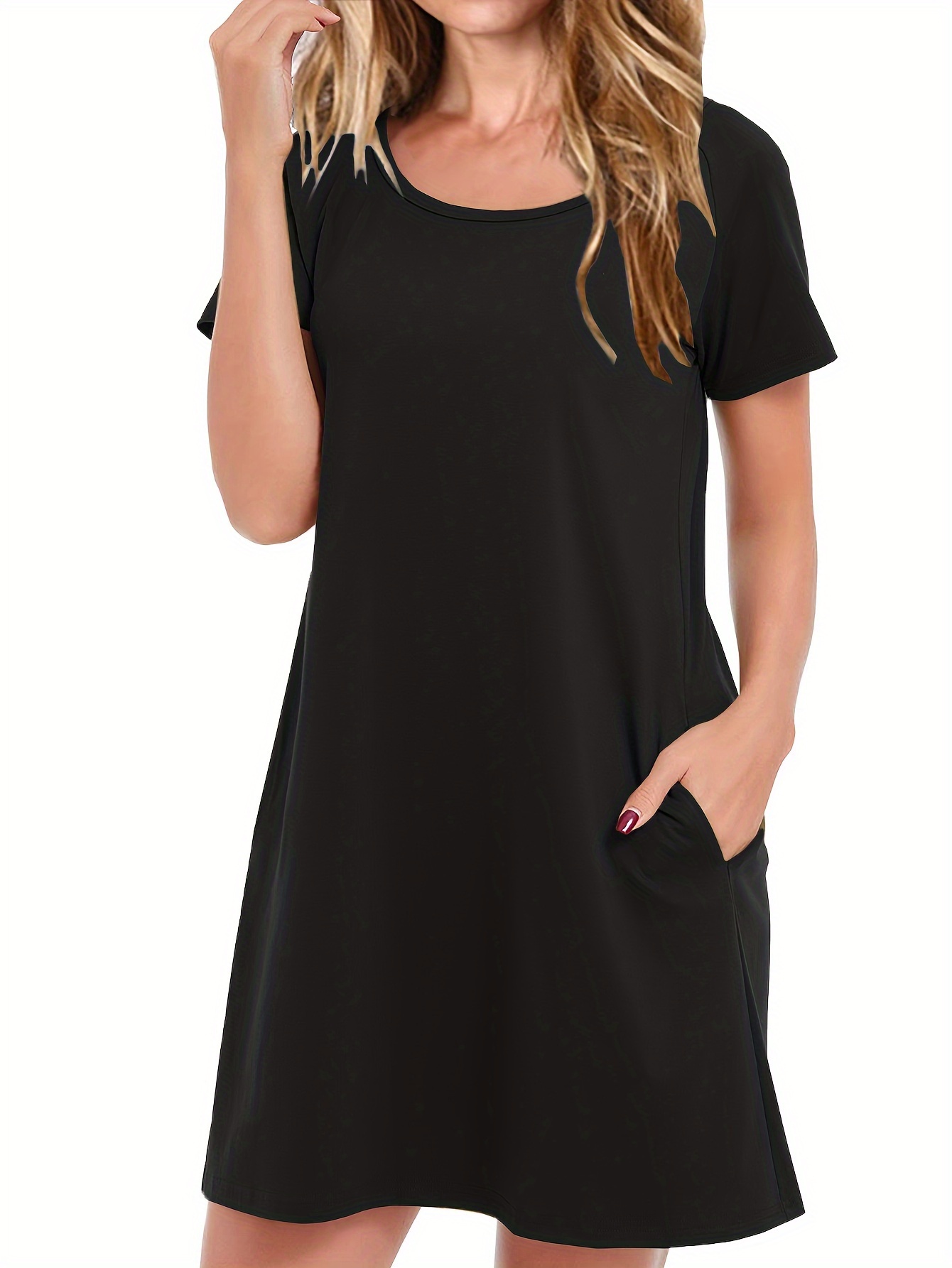 solid crew neck dual pocket dress casual short sleeve dress for spring summer womens clothing