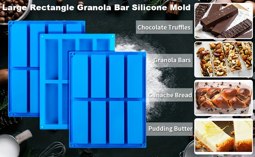  Molde de barra de granola de 8 cavidades, paquete de 2 moldes  rectangulares de silicona para chocolate, molde para hornear cereales,  barra energética, barra de proteínas, brownie, pastel de queso 