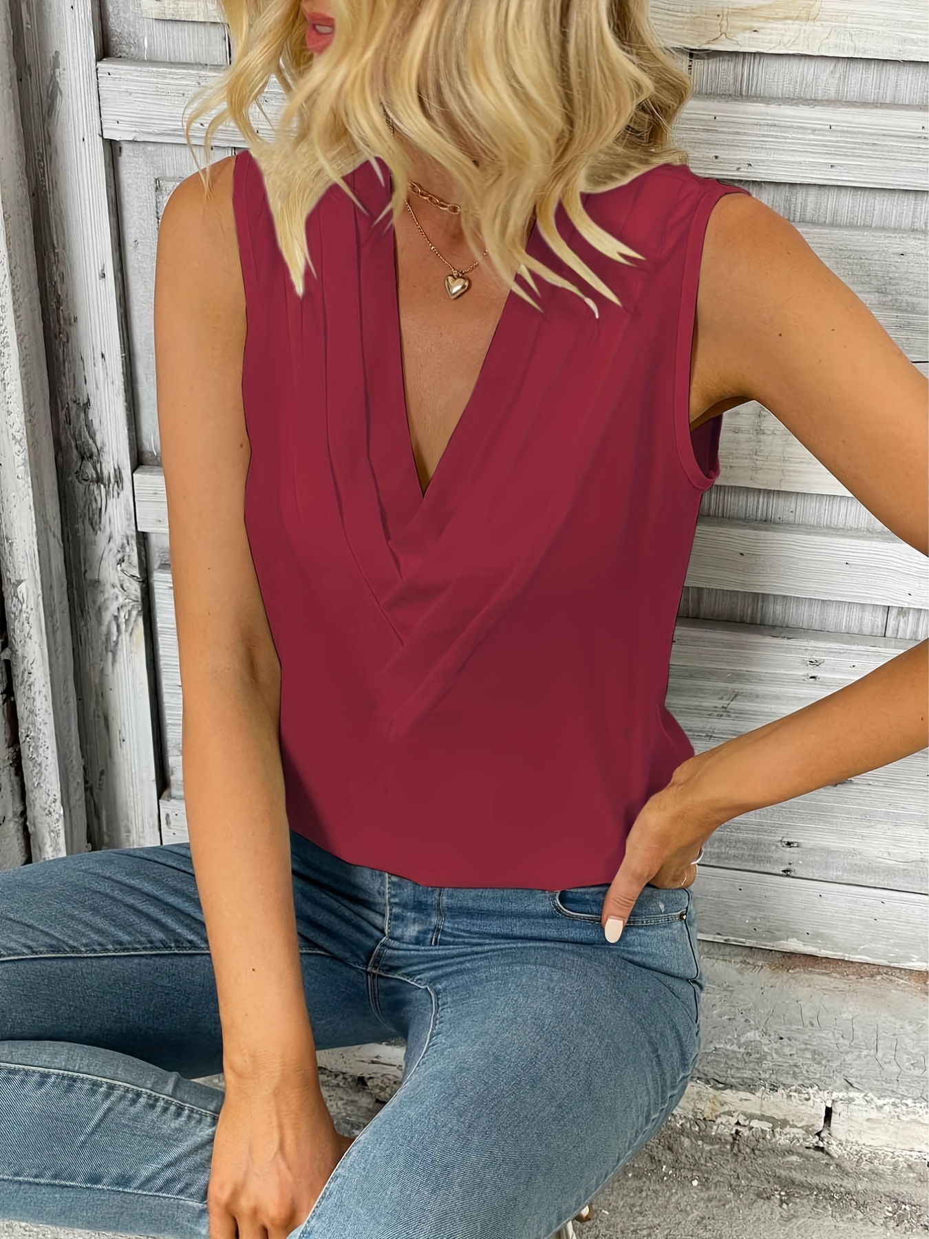 Casual Daily Solid Color Buttons Ruched Potholes V Neck Tops(5 Colors) main image 0