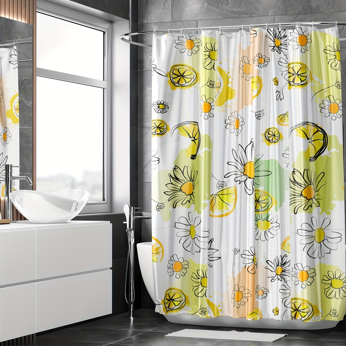 Floral Square Shower Curtain Lemon Hooks Waterproof - Temu