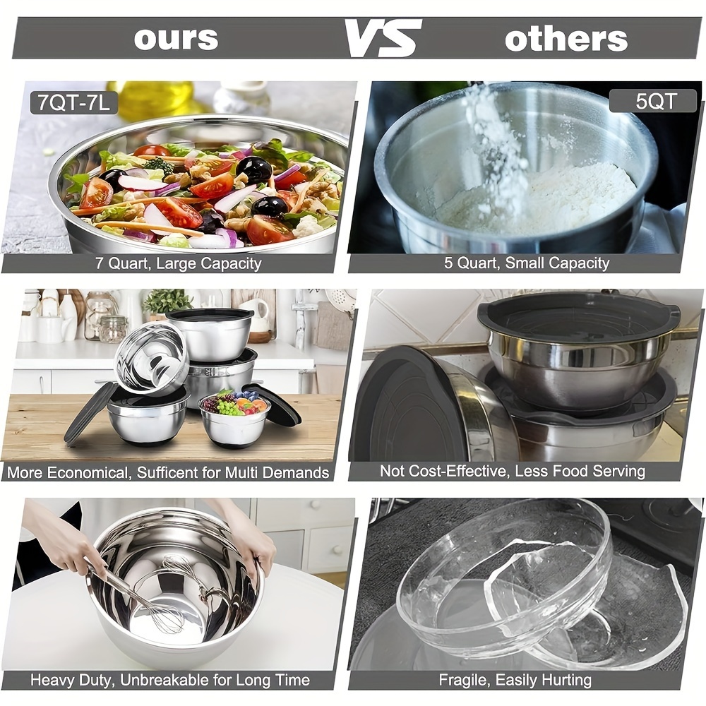 Mixing Bowl Set With Lids, 7/3.5/2.5/1.5/1 Qt, Stainless Steel Large Metal  Salad Nesting Bowls, Non-slip Silicone Bottom And Airtight Lid, Healthy,  Reusable, More Premium - Temu