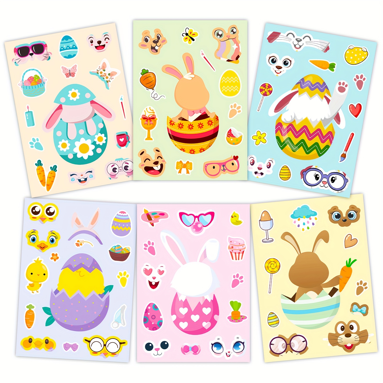 6 Sheets Cute Rabbit Egg Stickers For Party Favors Activities, DIY Make A Face Stickers, Cartoon Easter Stickers