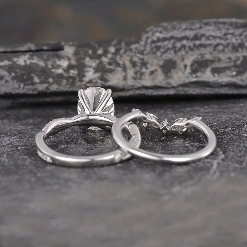 Oval Cut Bridal Ring Set Wedding Band Silver Plated Rings - Temu