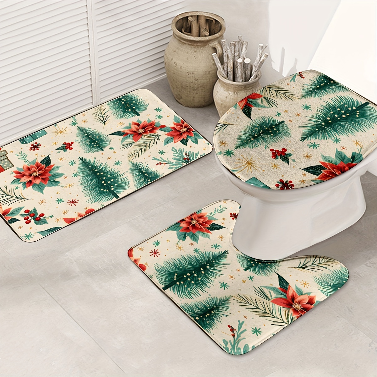 Christmas Pine Needles Flower Pattern Bathroom Rug, Bath Mats Set For  Bathroom, No Silp Washable Cover Floor Rug, Decorations For Bathroom  Bedroom, Set Includes Bath Rug, Contour Mat, And Toilet Lid Cover