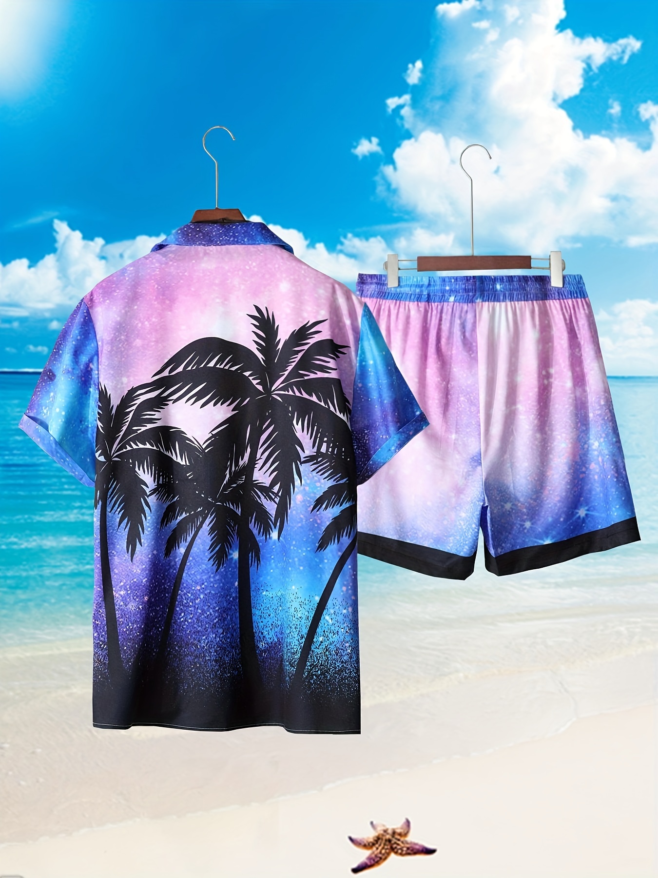 Temu Hawaiian Style Men's Personalized Tropical Plants 3D Digital Print Shirt Shorts Set, Oversized Loose Graphic 2pcs Beach Outfits for Summer, Plus
