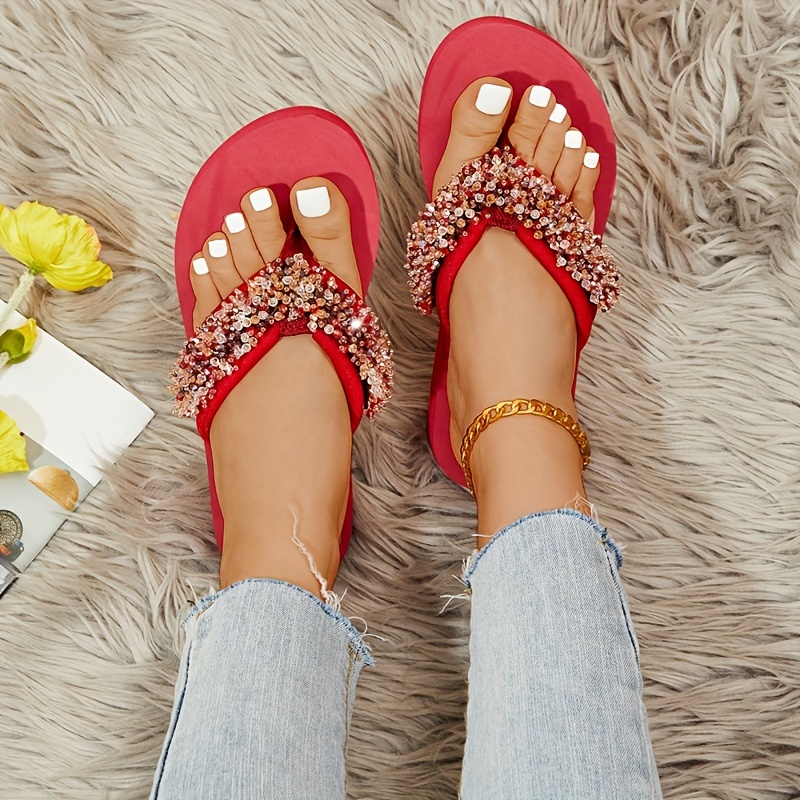 Women s Rhinestone Pearl Thong Sandals Slip Casual Platform Temu