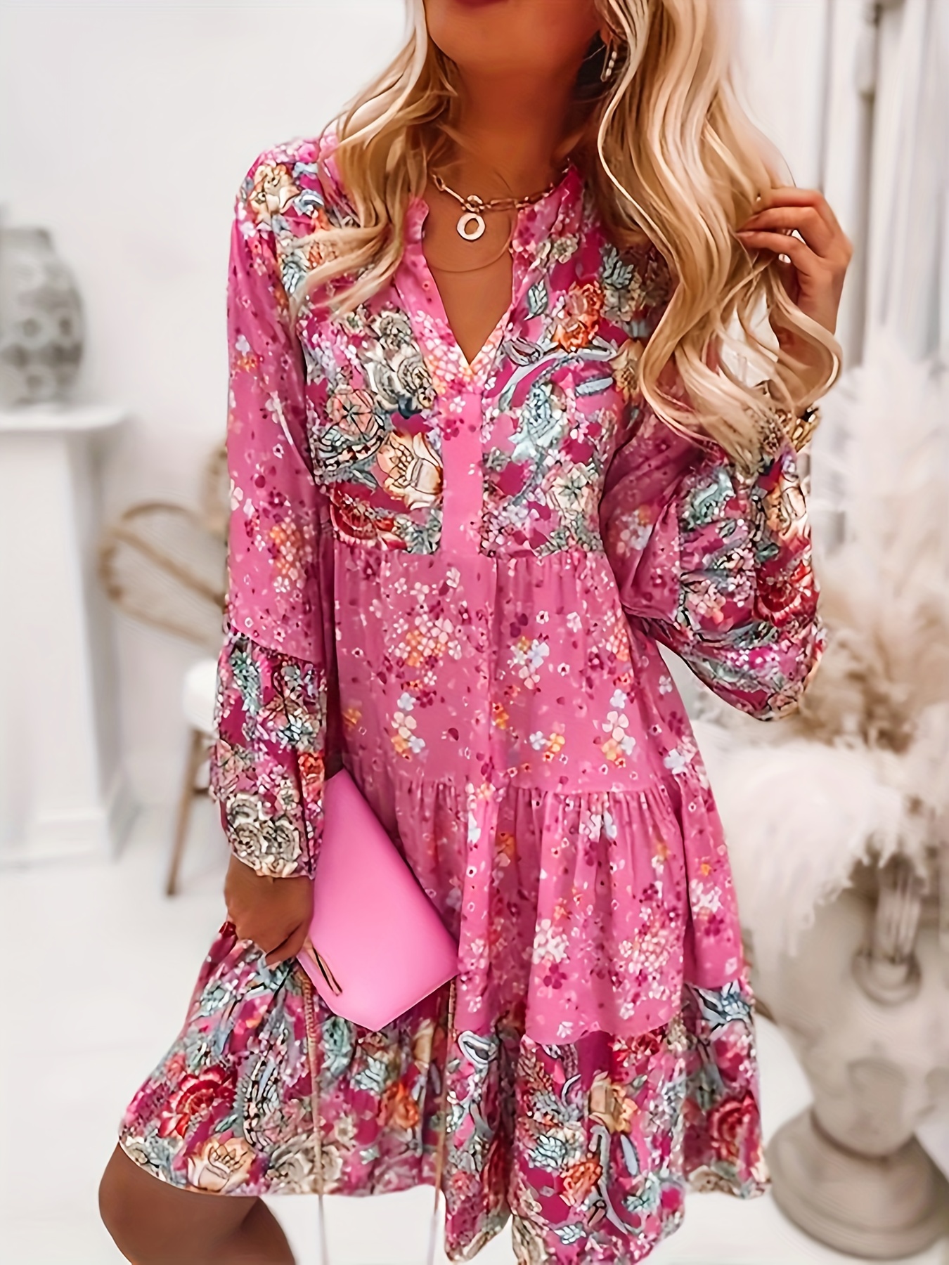 Peach Ditsy Floral Bohemian Mini Dress