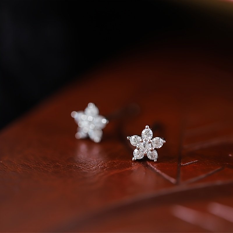 TEMU Sterling 925 Silver Hypoallergenic Ear Jewelry Exquisite Flower Design Shiny Zirconia Inlaid Stud Earrings Daily Casual