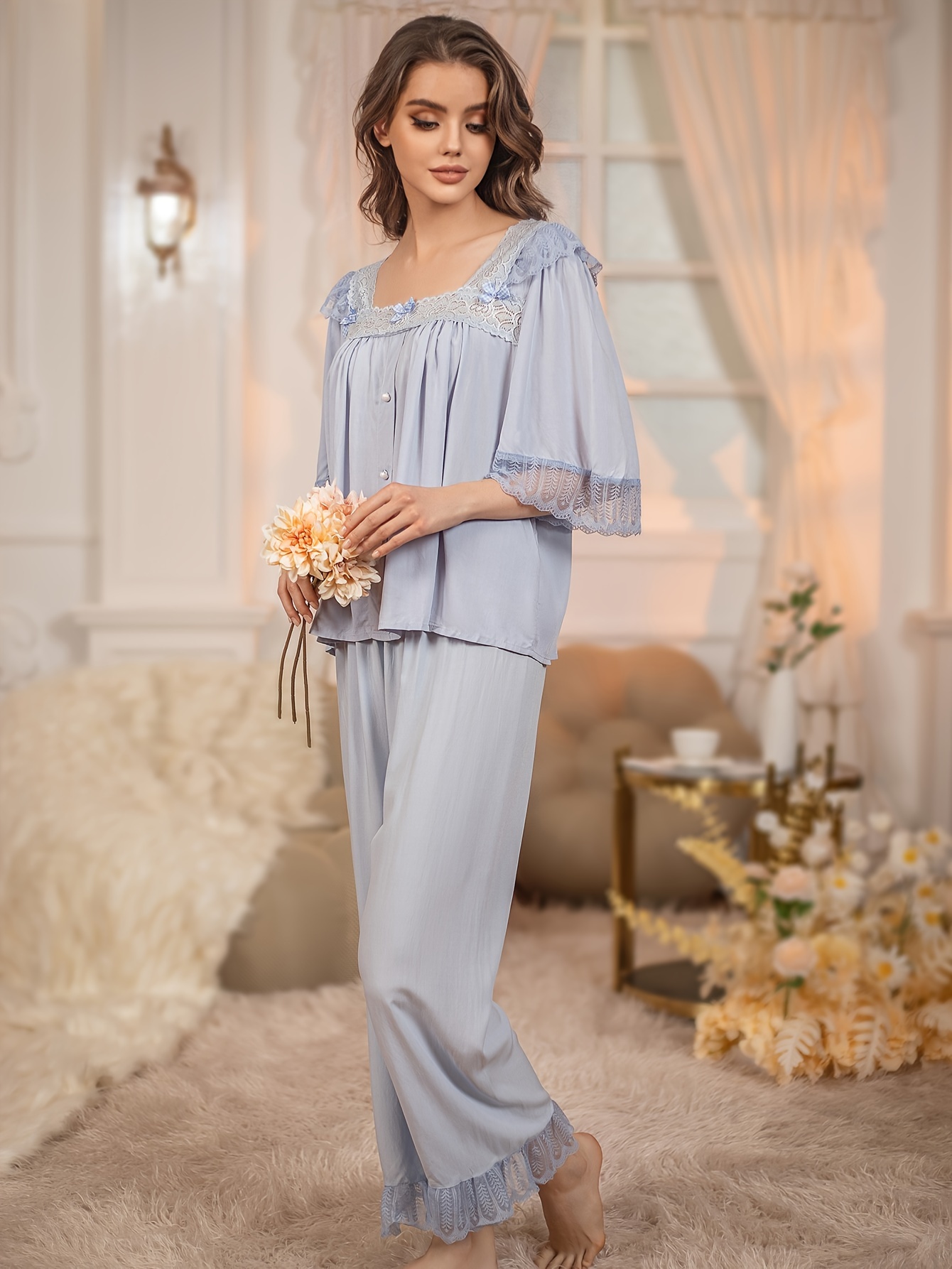 Lace Square Collar Top and Capris Pajama Set