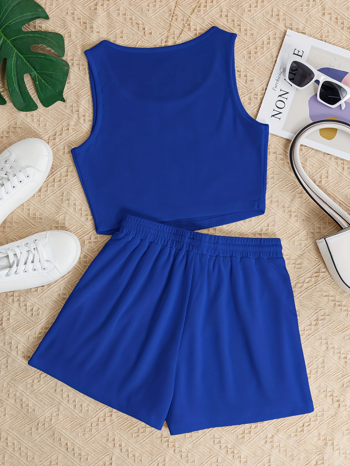 Solid Casual Two piece Set Sleeveless Crop Tank Top & Drawstring Waist Shorts