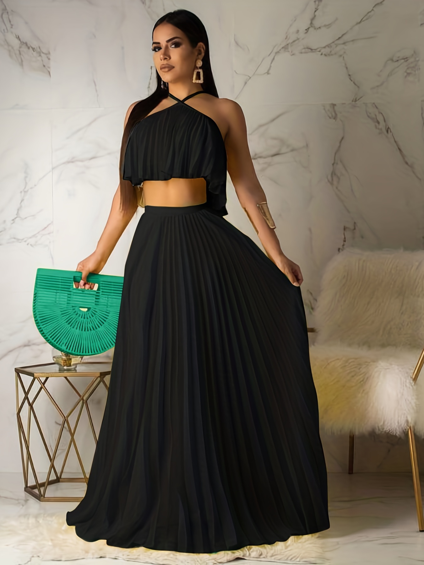 Pleated Two-Piece Set Spaghetti Top & Maxi Skirt Women's Outfit