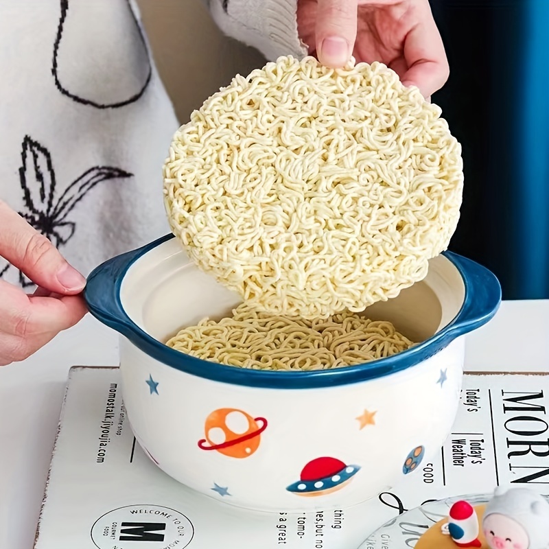 Temu 1pc Korean Cartoon Ceramic Noodle Bowl with Lid - Perfect for