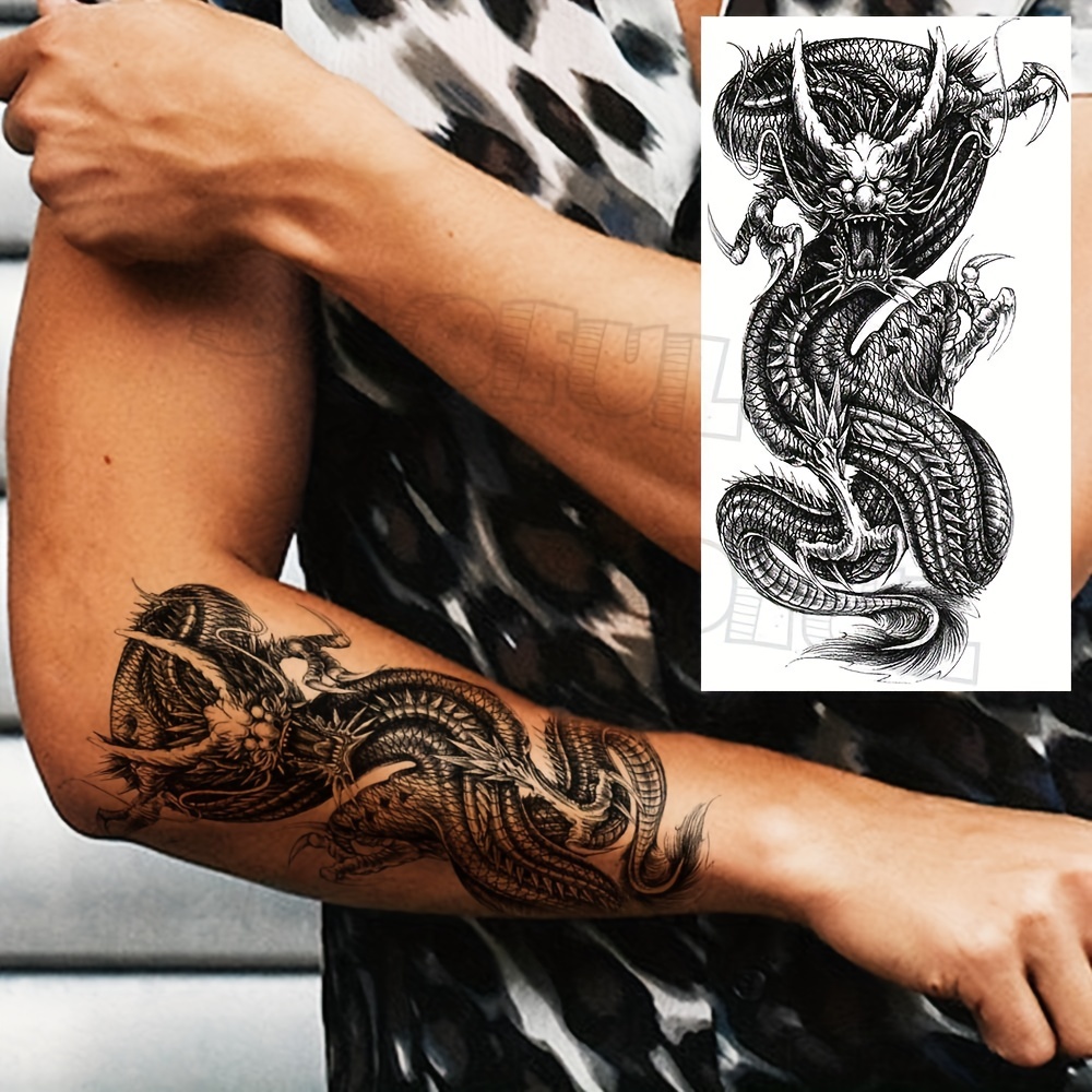 Men Temporary Tattoos Large Arm Sleeve Tattoo Sticker Dragon Tiger Fish  Full Skull Totem Wolf Waterproof Fake Tattoo For Women - Temporary Tattoos  - AliExpress