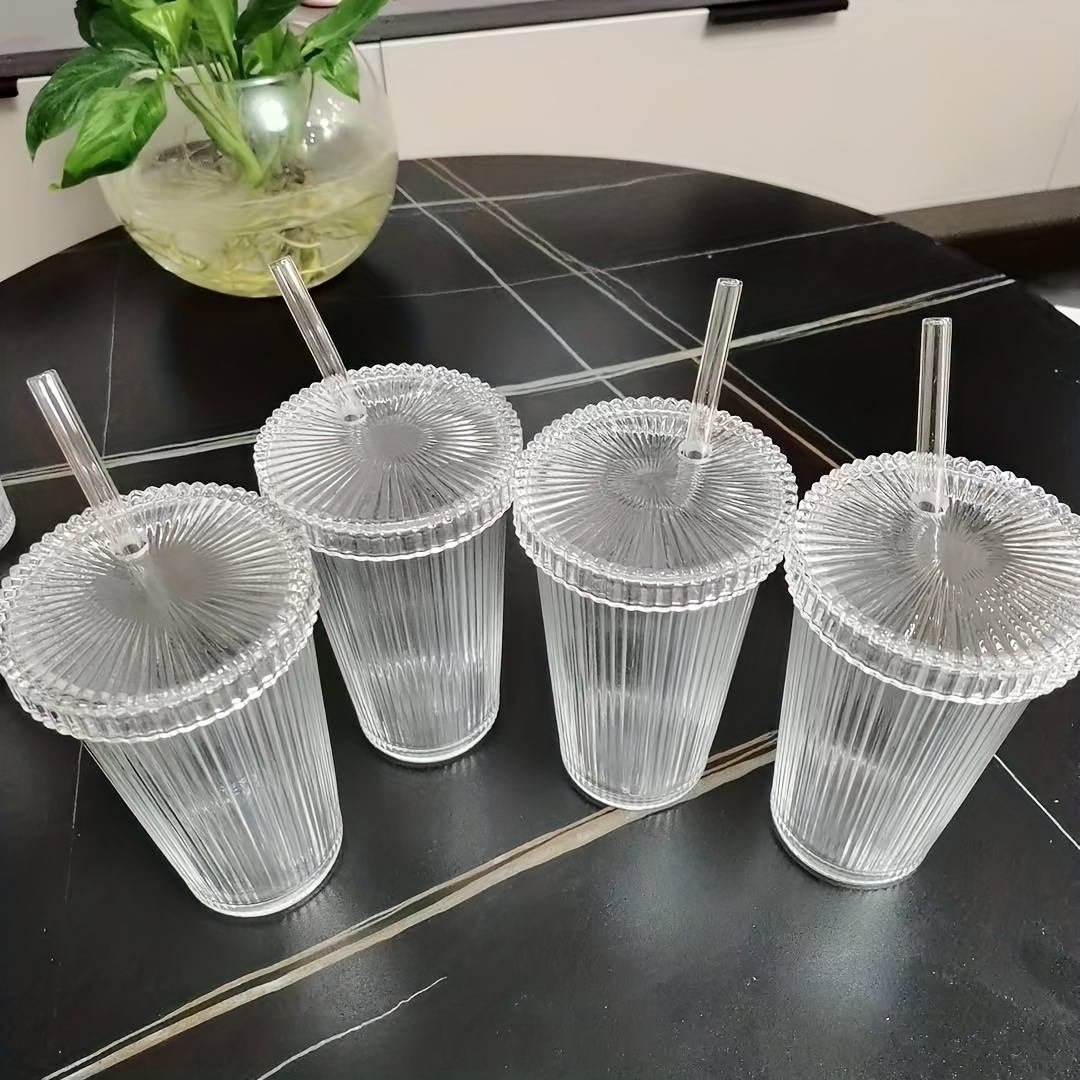 Simple Vertical Striped Glass With Lid Straw Cup Water Cup Milk Coffee Cup  375ml