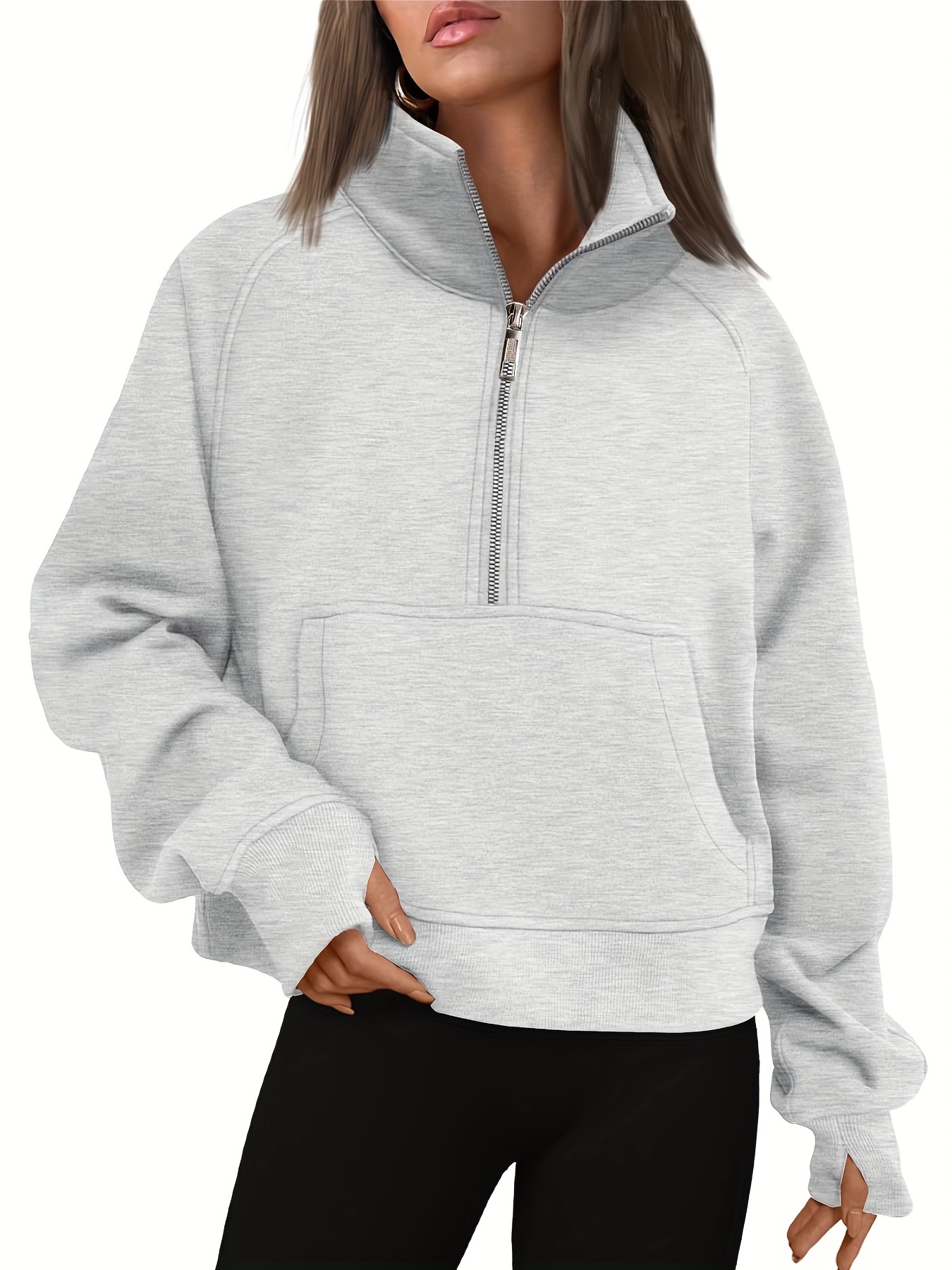 Women Zip Sweatshirts Long Sleeve Lapel Pullover Thumb Hole