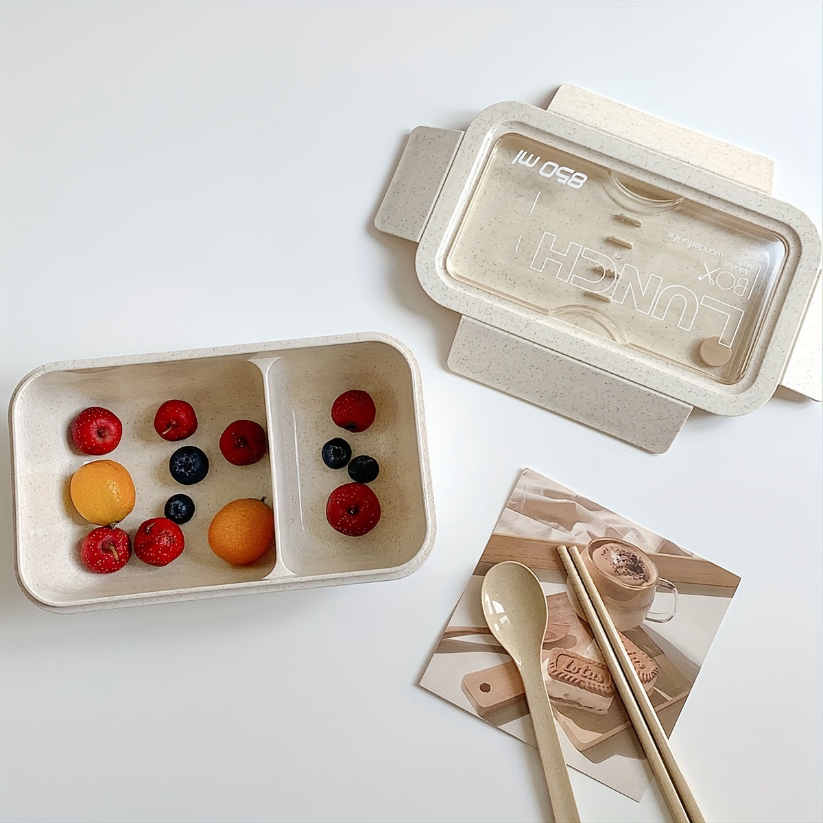 850/1100Ml Wheat Straw Lunch Box with Spoon Chopsticks Microwave