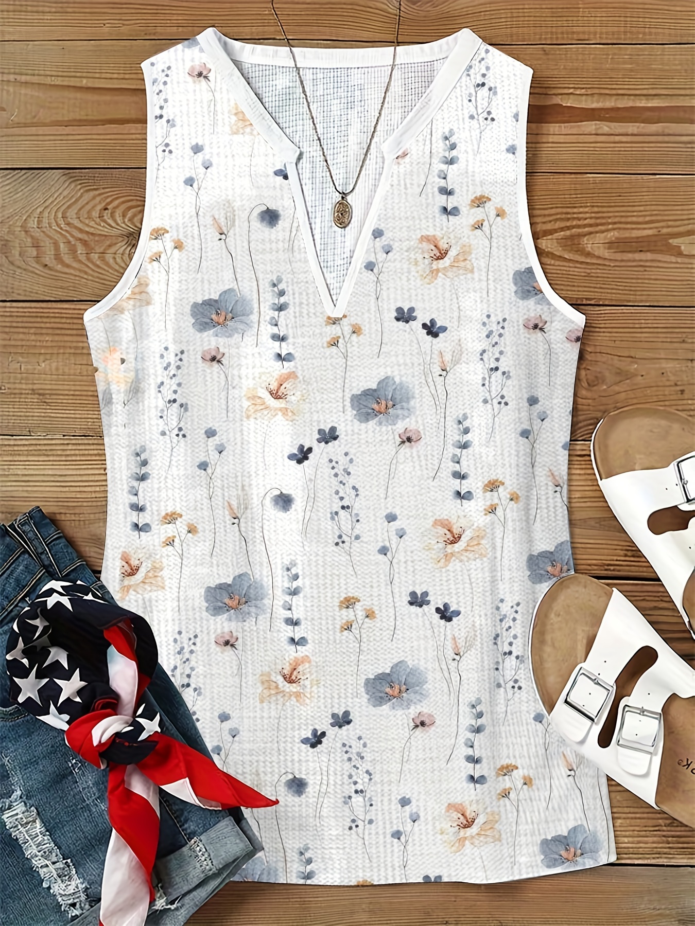 Graphic Print Tank Top V Neck Sleeveless