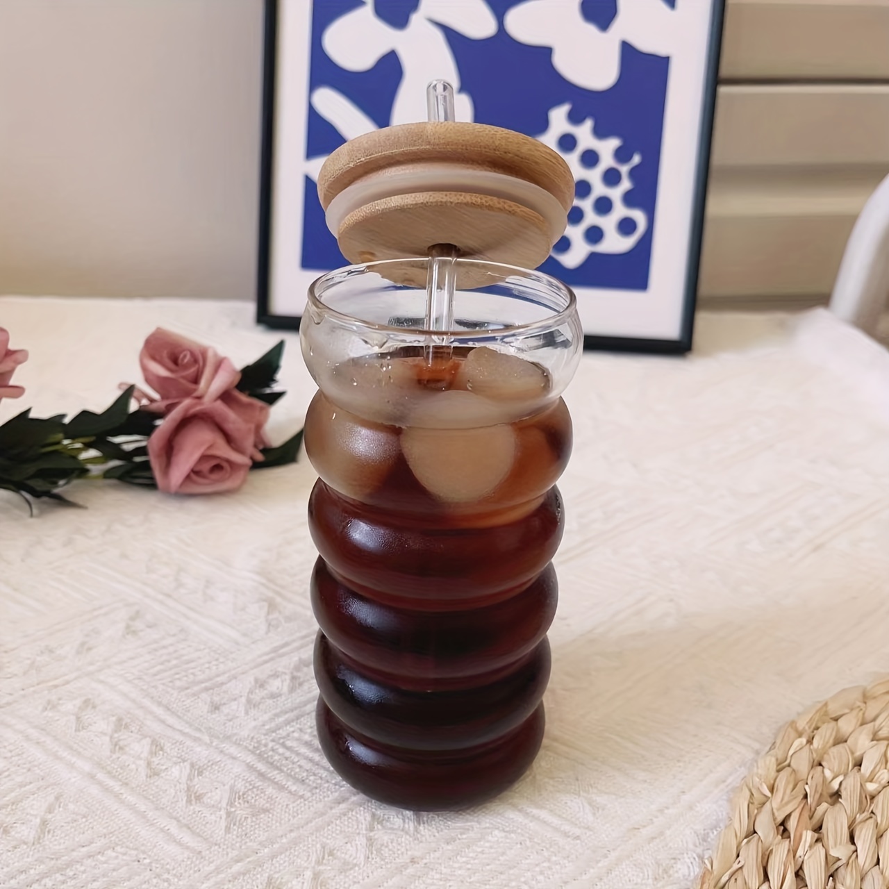 6 Pack 550ml Glass Jar with Bamboo Lids and Straws Drinking Glass Bottles Milk Cup Iced Coffee Mug, Size: One Size