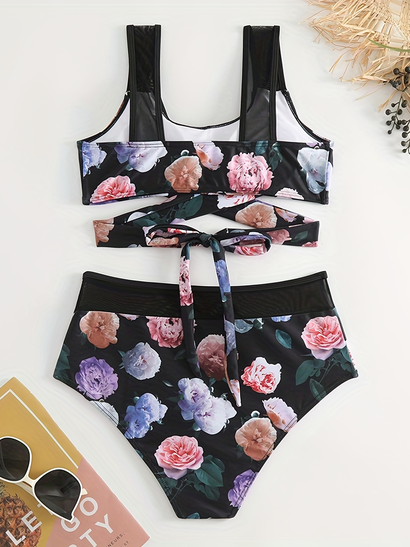 Floral Print Criss Cross Mesh Contrast 2 Piece Set Bikini, Scoop Neck High  Stretch Tie Back Swimsuit For Beach Pool Bathing, Women's Swimwear & Clothi