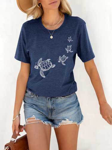 Turtle Print Crew Neck T-Shirt, Casual Short Sleeve T-Shirt For Spring & Summer, Women's Clothing