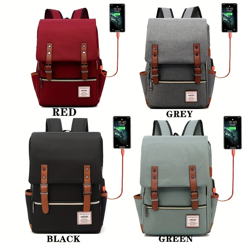 Vintage Nylon Notebook Backpack USB Charging Port Tear Resistant