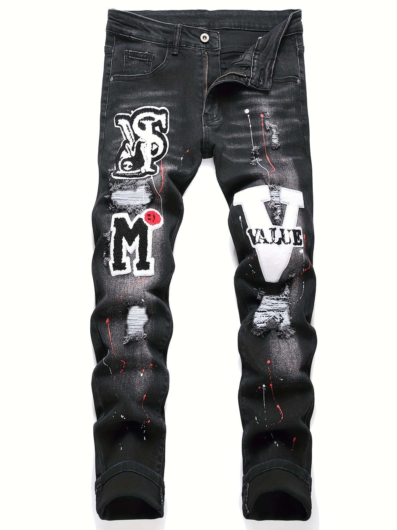 Men's Denim Pants Letter Embroidery Jeans Destroyed Ripped Patch Jeans  Trousers