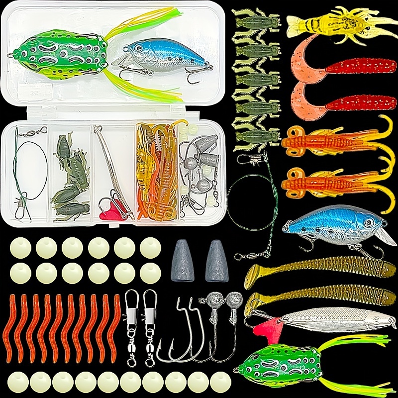 

56/135pcs Fishing Lure Set For Freshwater And Saltwater, Bionic Soft Lures, Curved Shank Hooks, Fishing Tackle