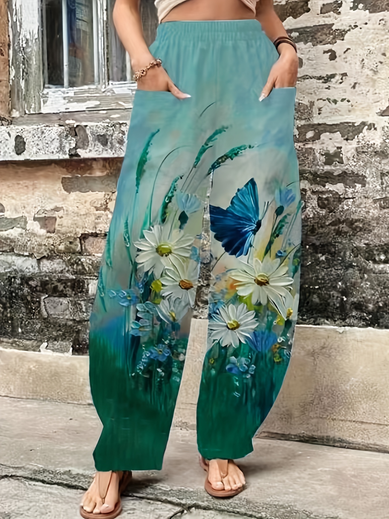 Plus Size Casual Pants Women's Plus Floral Print Drawstring - Temu