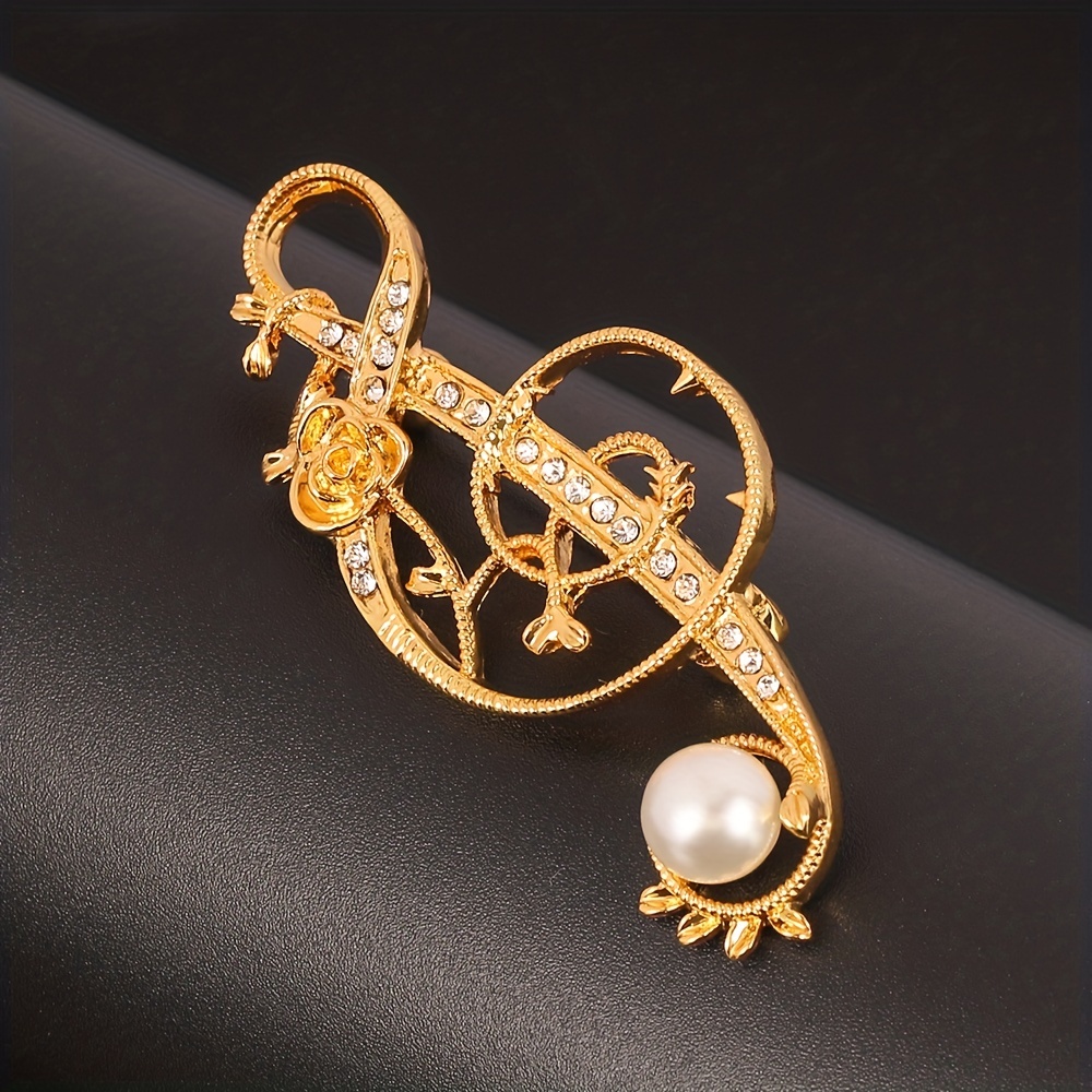 Music Note Brooch Pin Golden Plated Crystal Suit Brooch Pearl