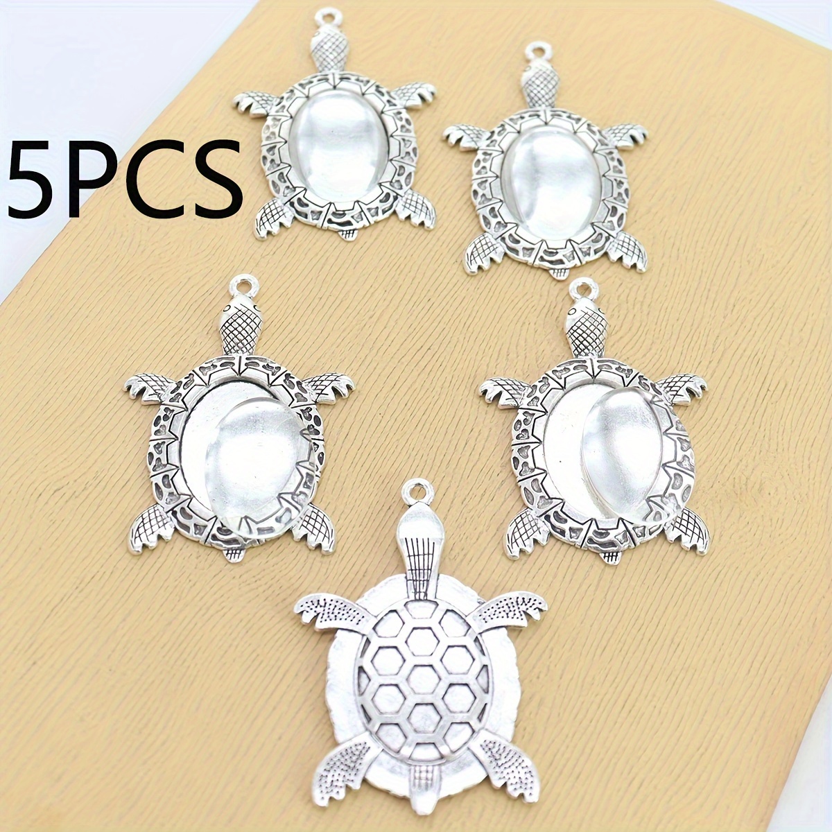Image of 5 Golden Antique-style Oval Turtle Convex Gemstone Base Pendants With Blank Glass Cover, Each Measuring 1.8*2.5cm.