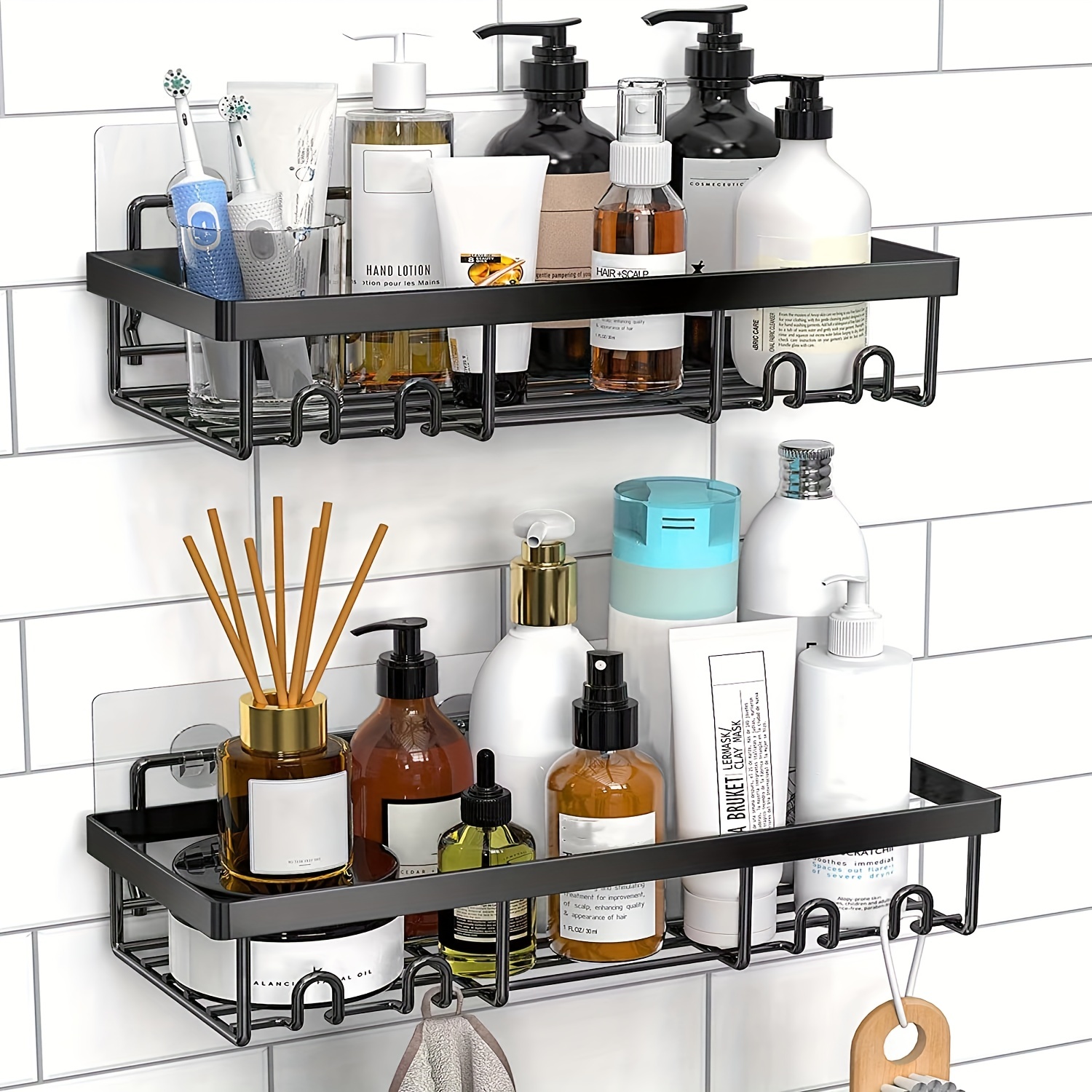 KINCMAX Shower Caddy Basket Shelf with Hooks for Hanging Sponge, No  Drilling Adhesive Wall Mounted Bathroom Storage Shampoo