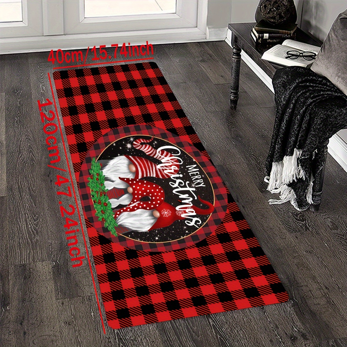 Image of 1pc Red Checkered Background Printed Mat For Kitchen,christmas Gnomes Bedroom Floor Mat, Non-slip Long Strip Mat,home Decor Entrance Door Mat