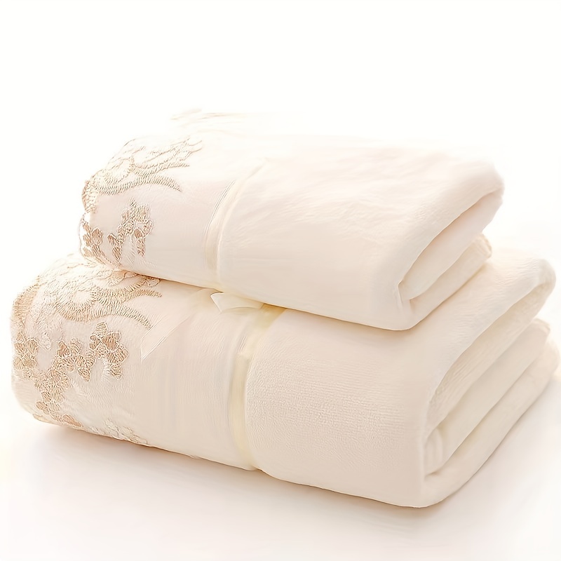 

2pcs Embroidered Towel Set, Household Solid Color Towel, Soft Hand Towel Bath Towel, Quick Dry Absorbent Towels For Bathroom, 1 Bath Towel & 1 Hand Towel, Bathroom Supplies, Bathroom Accessories