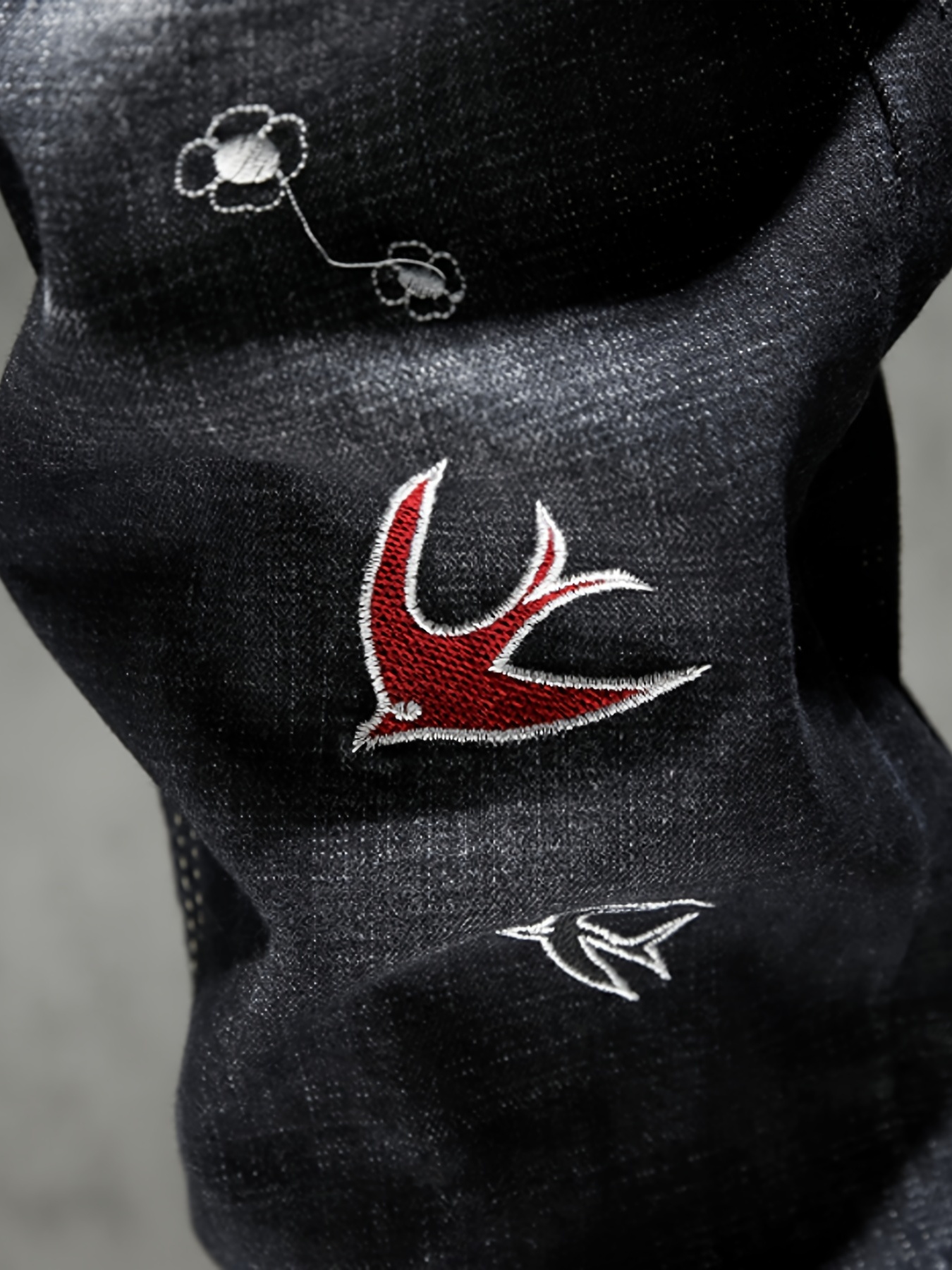 Men's Birds Embroidered Denim Jeans Trendy Slim Straight Stretch Black Pants