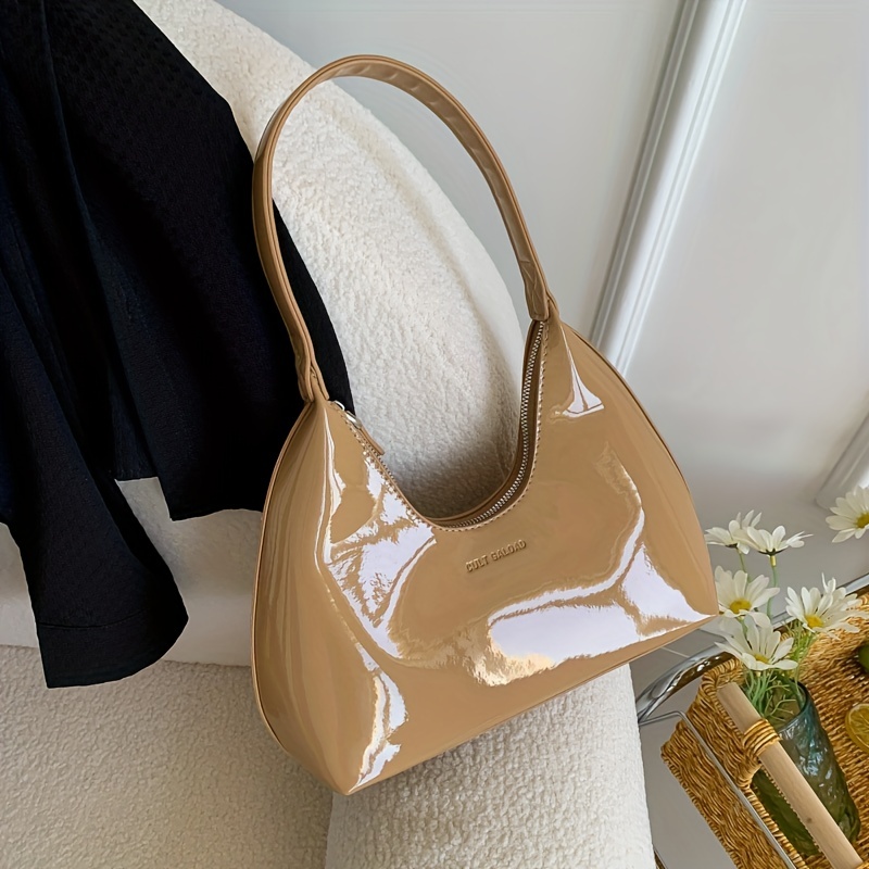 Artificial Patent Leather Handbag, Women's Top Handle Purse With Bag Charm,  Elegant Satchel Bag - Temu