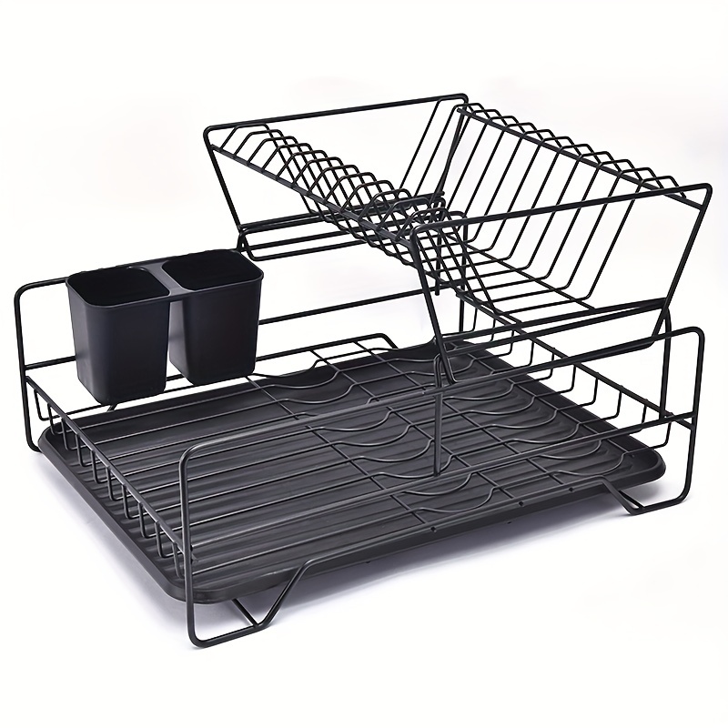 1pc Foldable Double-layer Dish Drying Rack With Automatic Drainage  Function, Iron Storage Shelf With Knife Holder And Tableware Box, White