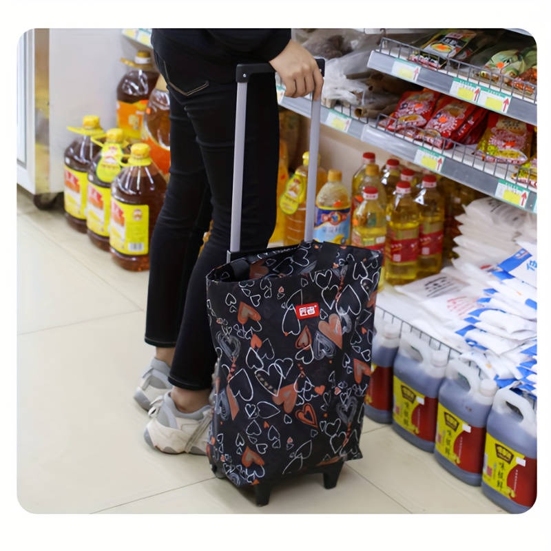 Versatile Foldable Shopping Cart with Heart Pattern - Lightweight, Durable Plastic/Aluminum, 4-Wheel Design for Easy Maneuverability - Perfect for Groceries, Moving Freight, and Camping Essentials